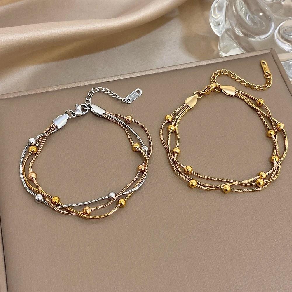 Gold Silver Color Wrap Beaded Bracelets Stainless Steel Wrist Chain Stylish Party Jewelry  Women