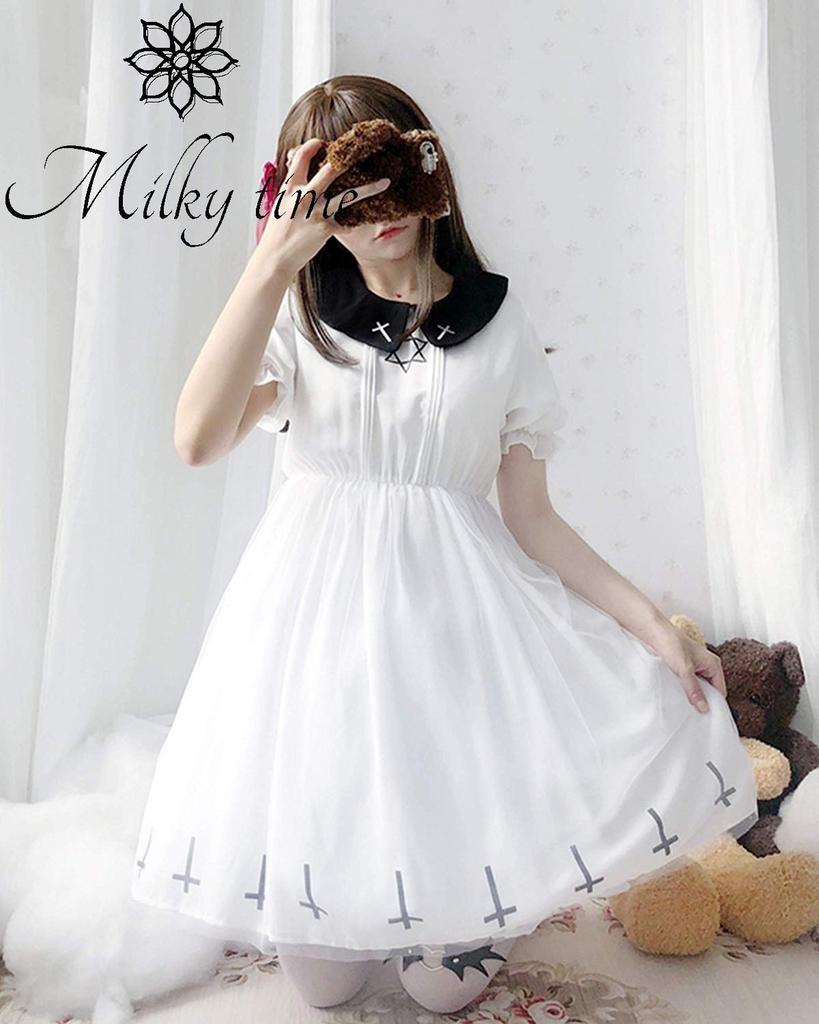 Milky Time Women's Dark Gothic Lolita Dress with Hexagram Design, Halloween Costume (White, Short Sleeves, Size M)