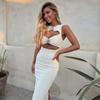 Fashion Sexy Hollow Out Strapless Solid Shell Button Long Dress Women Sleeveless Round Neck Bodycon Evening Party Dress