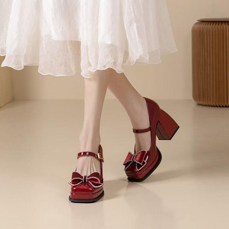 Fashion Women Pumps Platform High Heels Wedding Shoes Patent Leather Red Mary Jane Shoes Bow Buckle Strap Square Toe Chunky Heeled Shoe