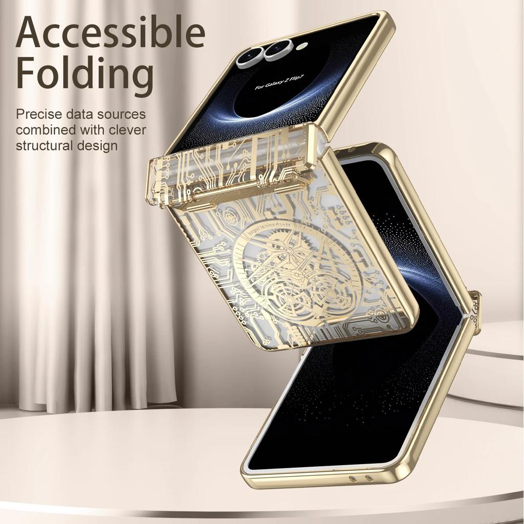 Mechanical Style Phone Case for Samsung Galaxy Z Flip 7 Fe 6 5 4 Flip7 Hinge Protection Clear Cover Luxury Electroplate