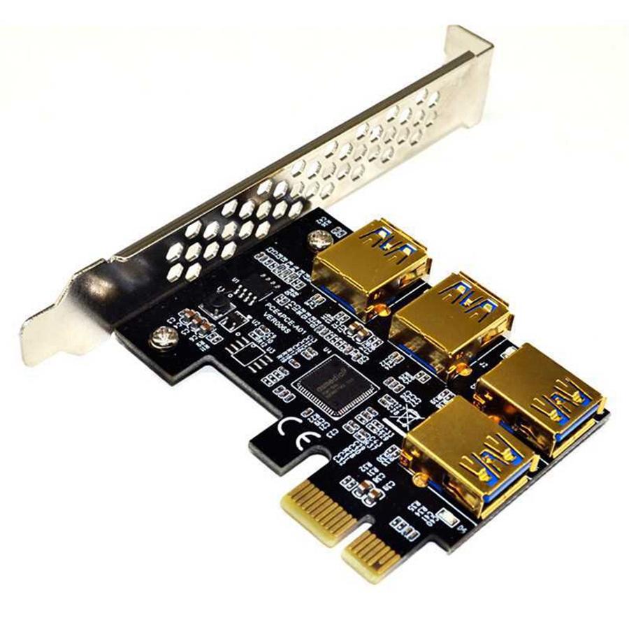 Black 4 Ports PCIe Riser Adapter Board PCI-E 1x to 4 USB 3.0 PCI-E Rabbet GPU