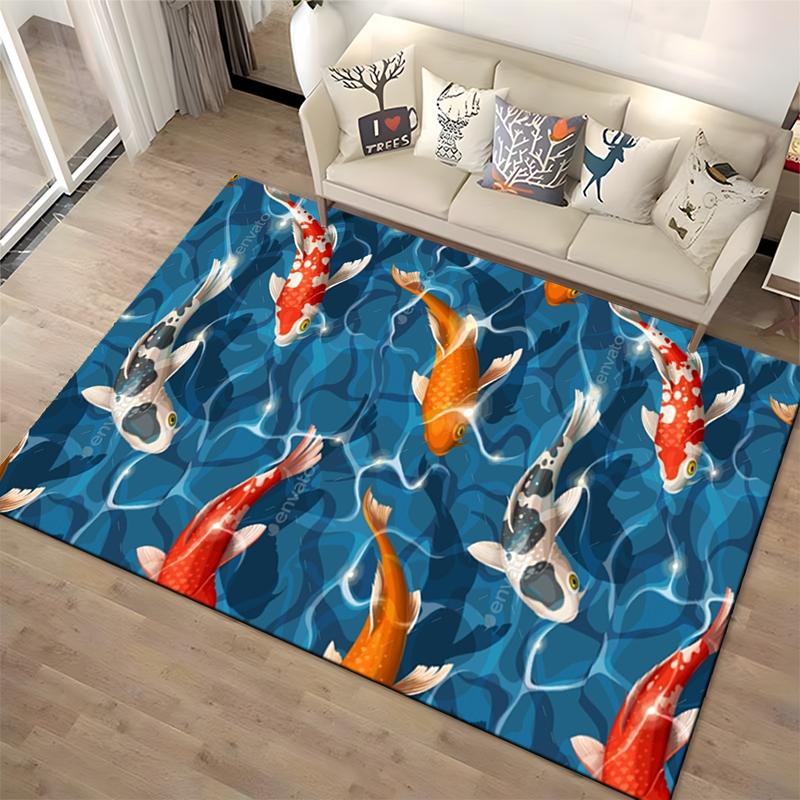 Colorful Koi Fish Carpet with Blue Water Design, Modern Home Decor Suitable for Use As an Anti-slip for Living Room Bedroom Sofas