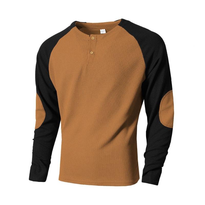 Outdoor Casual Breathable Long-sleeved Spring and Autumn Men s Top Raglan Splicing Round Neck Waffle Sweatshirt S