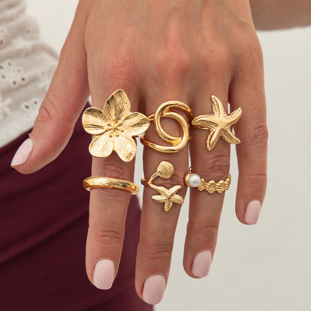 6Pcs Vintage Punk Flower Starfish Rings Set for Women Men Metal Multilayer Pearl Knuckle Ring Jewelry Daily Wear