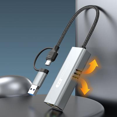 2 In 1 USB/Type C To Ethernet Adapter 5000Mbps RJ45 To Type C Ethernet Converter USB-C LAN Adapter for Windows 10/11 & Mac OS