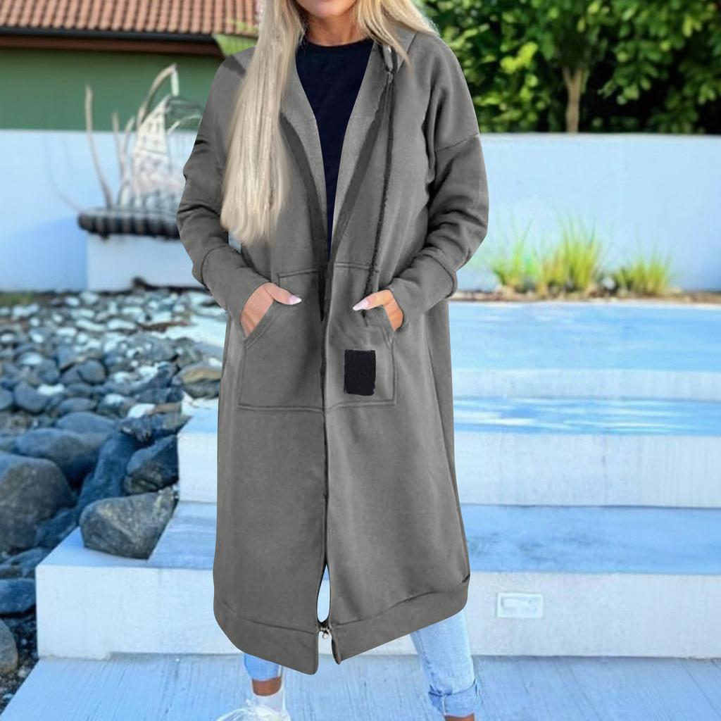 Women's Fashion Jacket Casual Solid-color Long-sleeved Cardigan Hoodie Long Coat