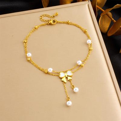 18K Gold Plated Layered Butterfly Shell Pearl Anklet, Dainty Double Chain Foot Bracelet for Women, Beach Jewelry