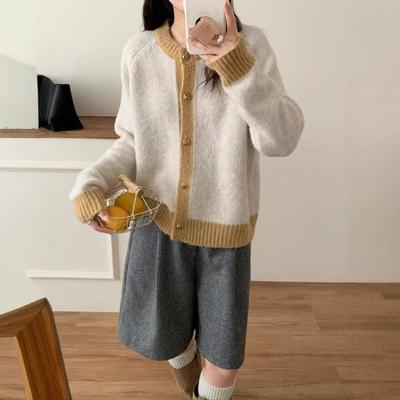 Contrasting Color Round Neck Design Sense Knitted Cardigan Autumn and Winter New Loose Soft Waxy Sweater Jacket Women
