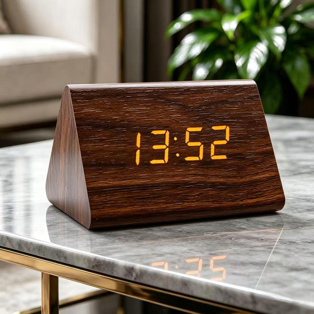 Voice-Activated Wooden Office Silent Multifunctional Digital Clock with Temperature Display and Student Alarm