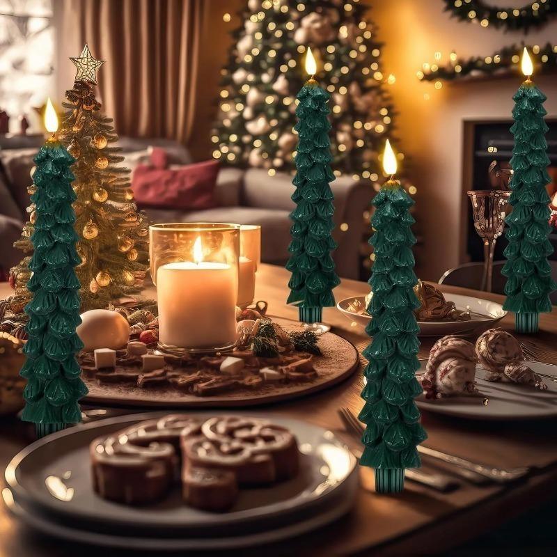 4/2pcs Christmas Tree LED Flameless Candles Light with 3D Flame Wick Green LED Candlesticks Operated for Christmas Home Decor