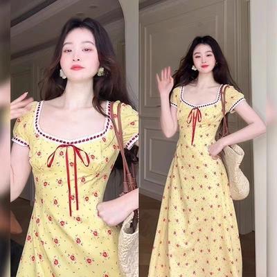 French Floral Dress Women's Summer High-end Sense Niche Waist Temperament Square Collar Dopamine Medium and Long Skirt