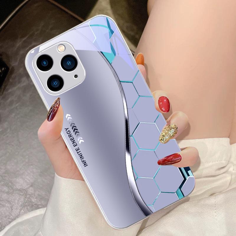 Flowing Light Honeycomb Dark Blue For IPhone 15 Pro 14 13 12 Mini 11 XS Max XR 7 8 Plu SE 2020 2022 Tempered Glass Phone Case