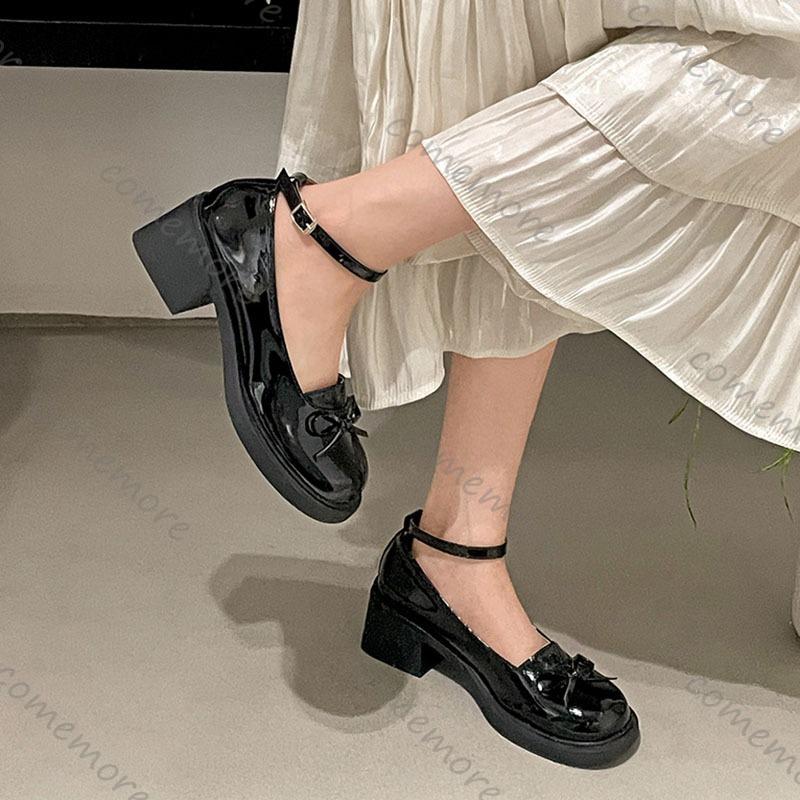 Fashion Comemore Red Mary Jane Women Pumps Thick High Heels Shoes Female Lolita Square Toe Shoes Spring Fashion Party Leather Woman Shoe