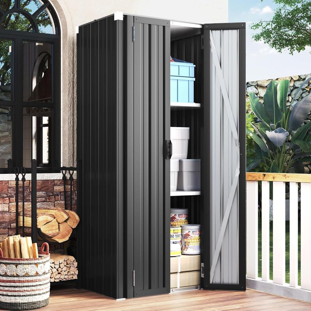 YODOLLA Tall Outdoor Garden Storage Cabinet with 3 Adjustable Shelves, Weatherproof Metal Cupboard for Garage Patio - Dark Grey