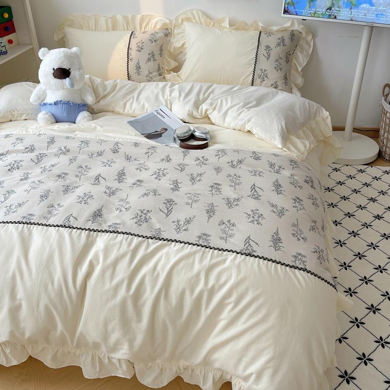 Pastoral Retro French Lace Skin-friendly Bubble Gauze Washed Cotton 4-Piece Bed Set - Su Jin Series