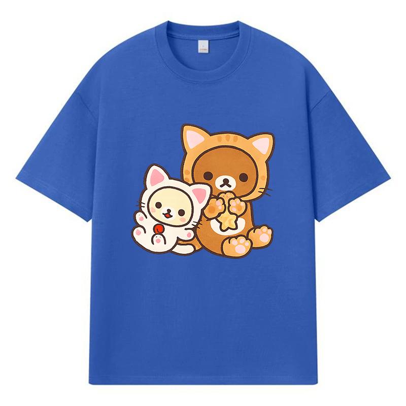 2026 Dwa Urocze Koty Nadruk Graficzny Y2k Harajuku Streetwear 100% Bawełna Koszulka Casualowa Oversize Letnia Męska Koszulka