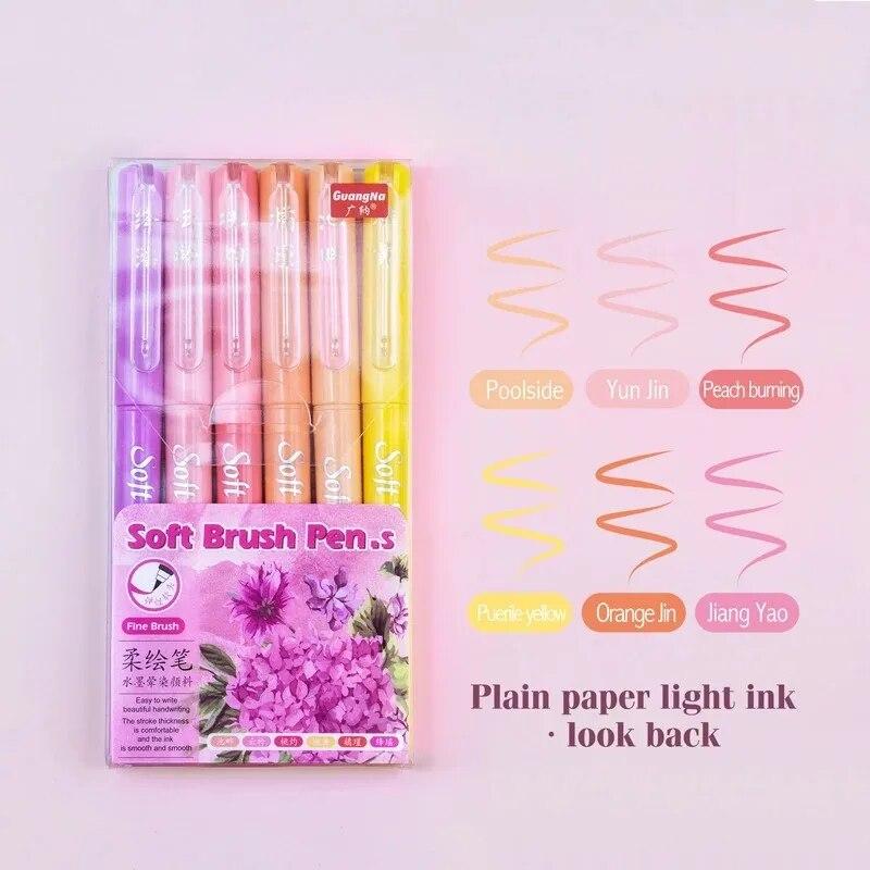 6Pcs Soft Brush Tip Marker Pens Artist Markers Flexible Tip Assorted Colors for Journaling Hand Lettering Calligraphy Draw Practical Use
