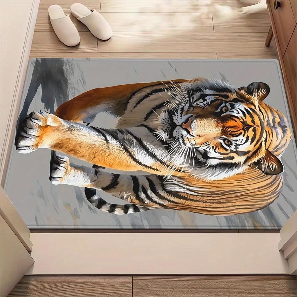 Tiger in Dynamic Walking Pose Printed Carpet | Polyester Rug, Non-Slip, Absorbent, Washable, for Bathroom, Living Room Entrance, Office, Study