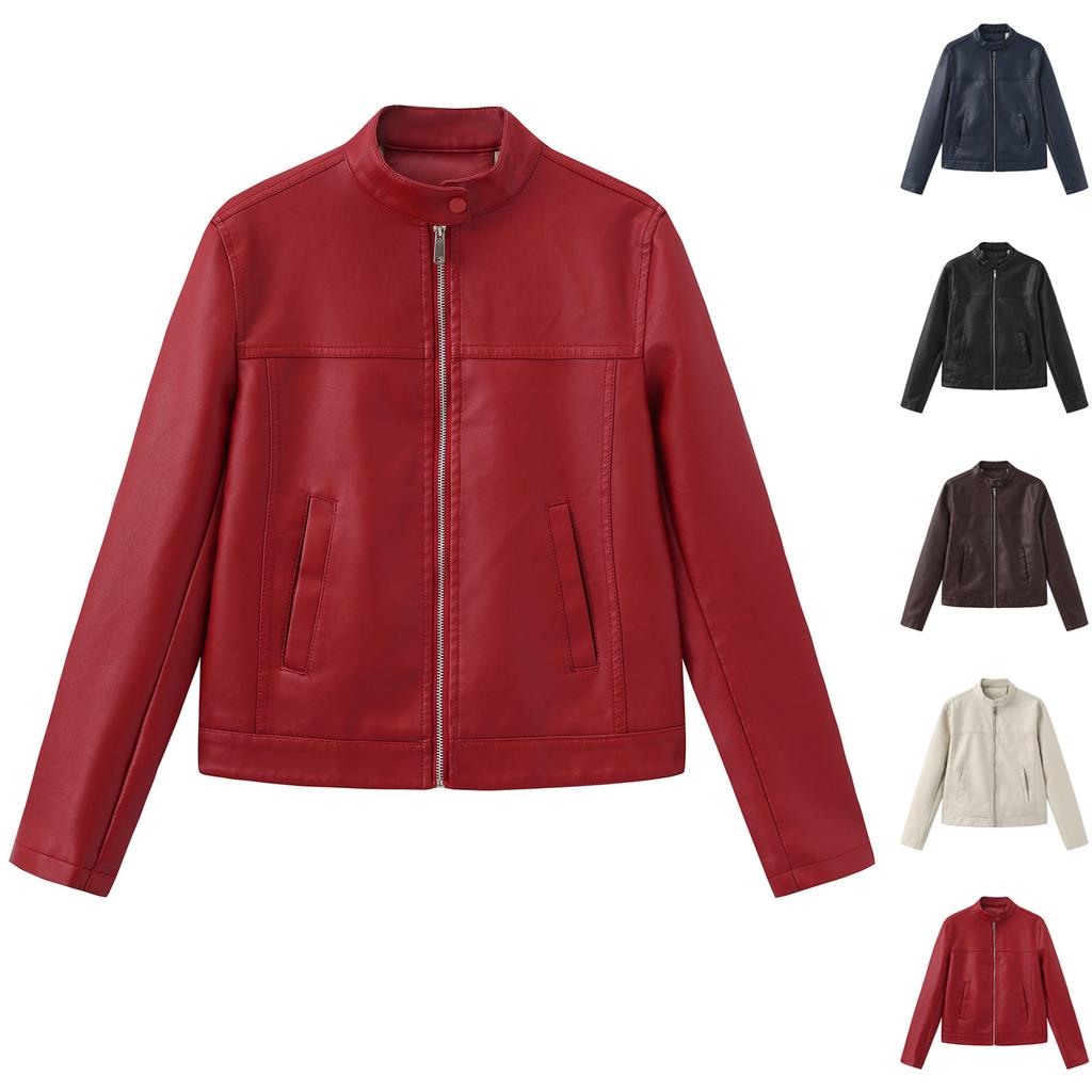 Women's Casual Solid Color Stand Up Collar Long Sleeved Zipper Pocket Jacket Motorcycle Suit Jacket Leather Jacket