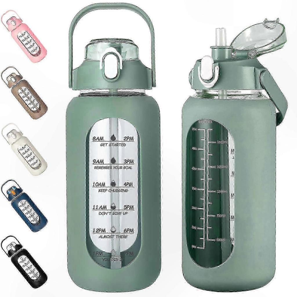 2 Liter Glass Water Bottle with Straw, Time Tracker, and Silicone Protector for Gym and Office Use