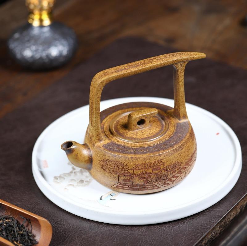 340ML Yixing purple clay teapot raw ore keel gold sand high-temperature wood burning handmade gold sand lifting beam teapot
