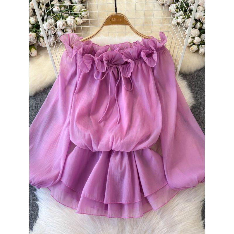 White Pure Desire Temperament off-Shoulder Bubble Long sleeve Sun Protection Chiffon Shirt Women Summer Beautiful Frill Lace-up Top