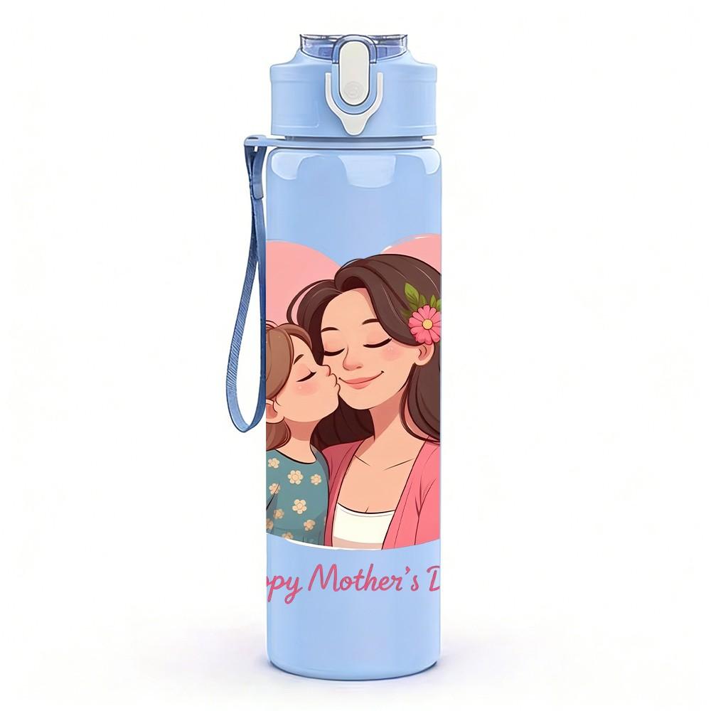 1PC Happy Mothers Day Heart Family Pattern 750ml Color Plastic Sports Water Bottle Leakproof Flip Straw Lid Suitable for Sports Office Home Use