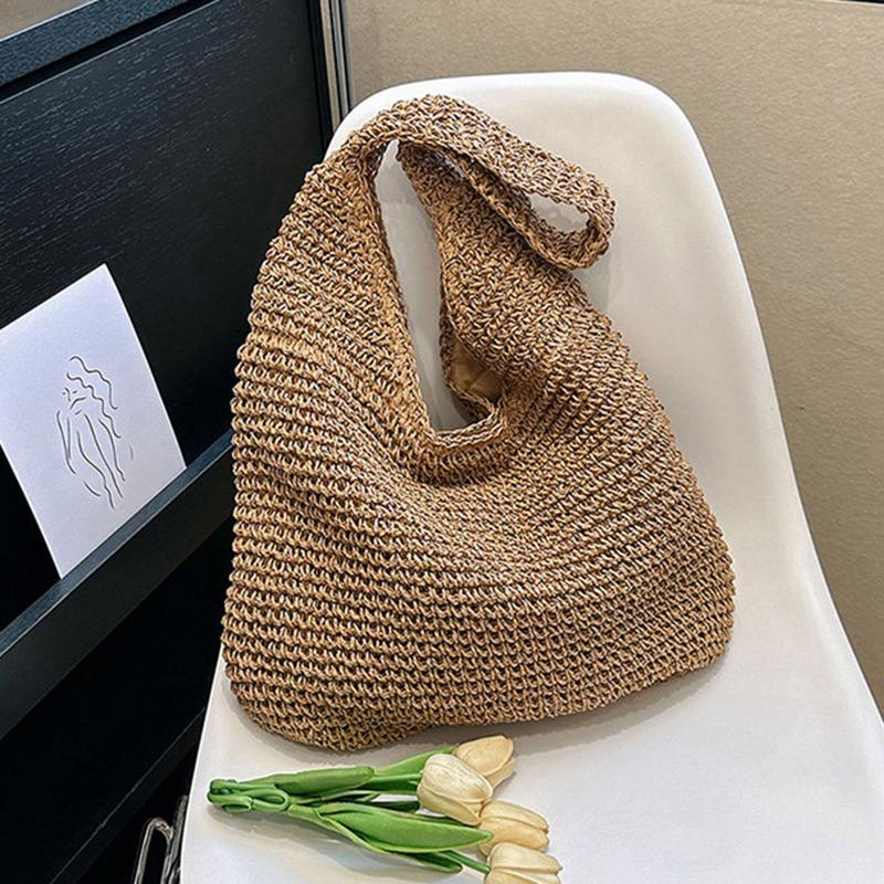 Yogodlns New Grass Women Travel Beach Bags Single Handle Shoulder Bags Grass Large Capacity Tote Bag Hand Woven Bag for Women