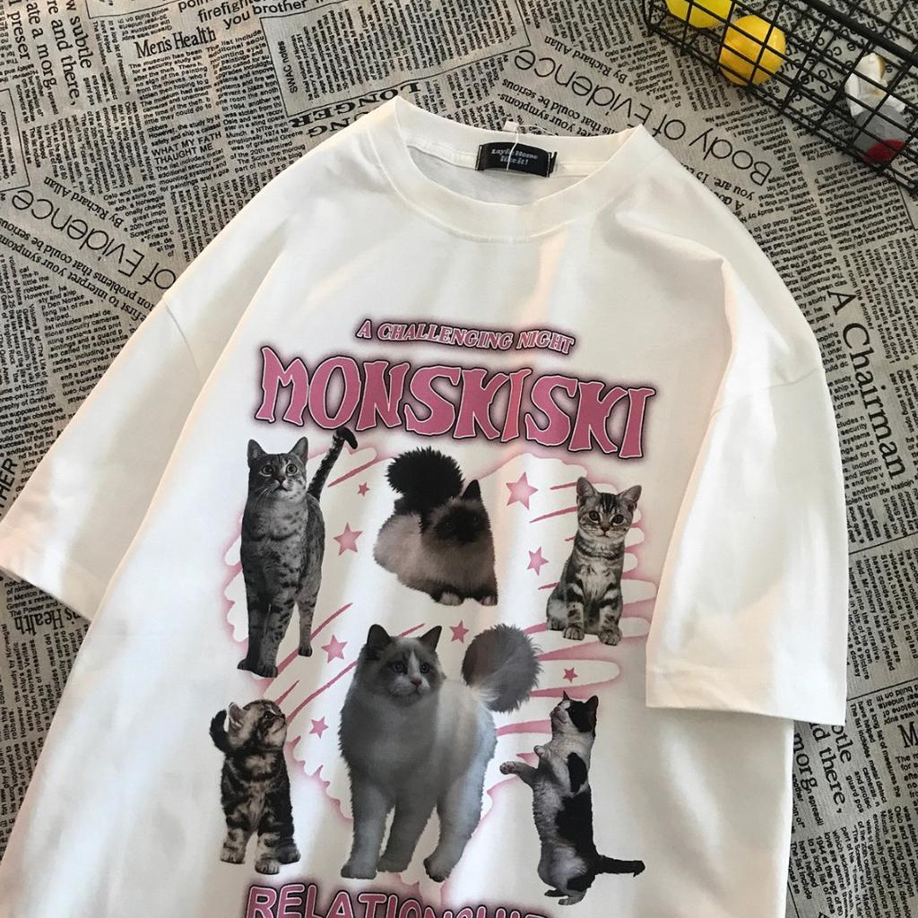 100% Baumwoll-T-Shirt Sommer Vintage lustig Cartoon Katze Print T-Shirt für Frauen Kleidung Harajuku Übergroße T-Shirts Y2k Oberteile UNISEX Hip-Hop Streetwear