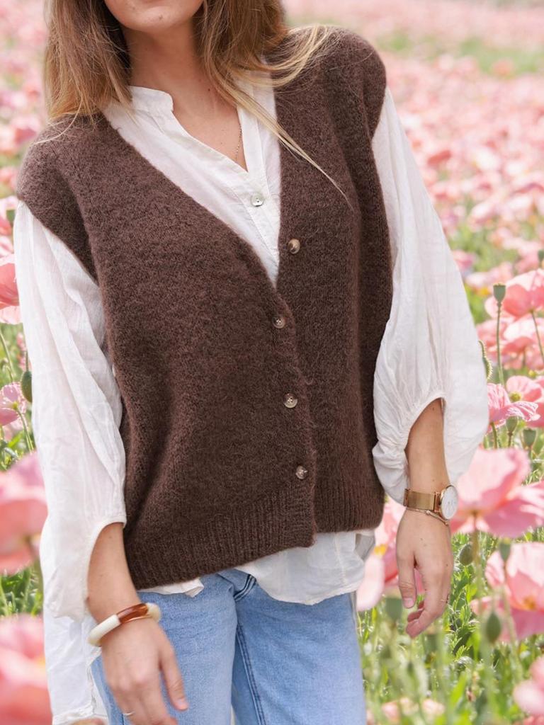 Gilet in Maglia da Donna con Scollo a V, Bottoni, Senza Maniche, Cardigan Casual, Capo d'Abbigliamento Esterno