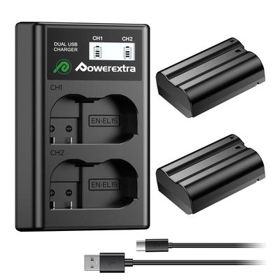Powerextra und Dual-USB-Ladegerät-Set für Nikon D850 Kameras EN-EL15a, EN-EL15b, EN-EL15c Zf, Z8, Z7, Z7II, Z6, Z6III, D7500, D7000, D7100, D7200, D500,
