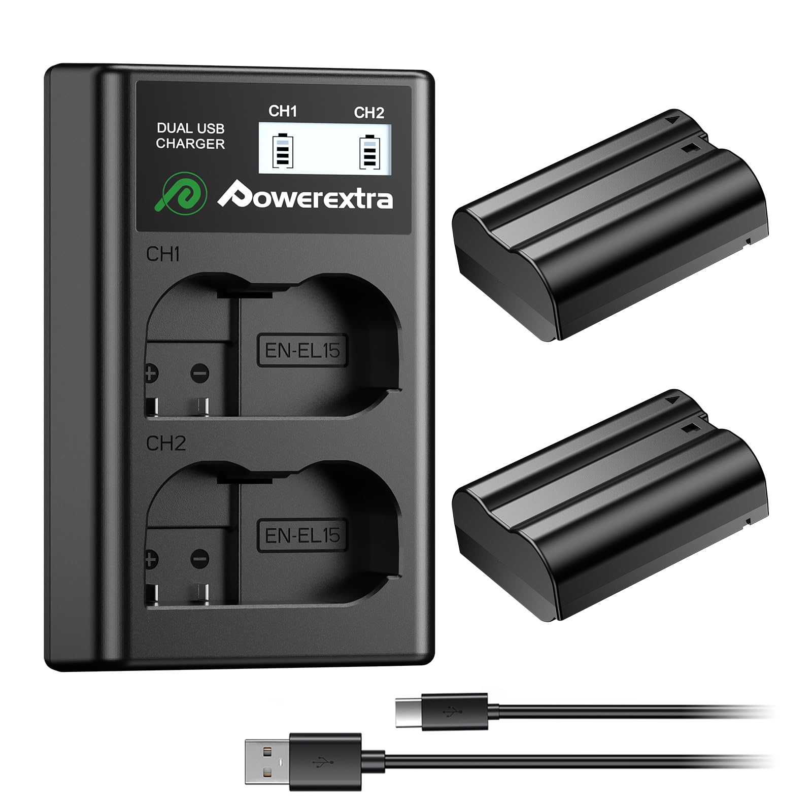 

Powerextra and Dual USB Charger Set for Nikon D850 Cameras EN-EL15a, EN-EL15b, EN-EL15c Zf, Z8, Z7, Z7II, Z6, Z6III, D7500, D7000, D7100, D7200, D500,