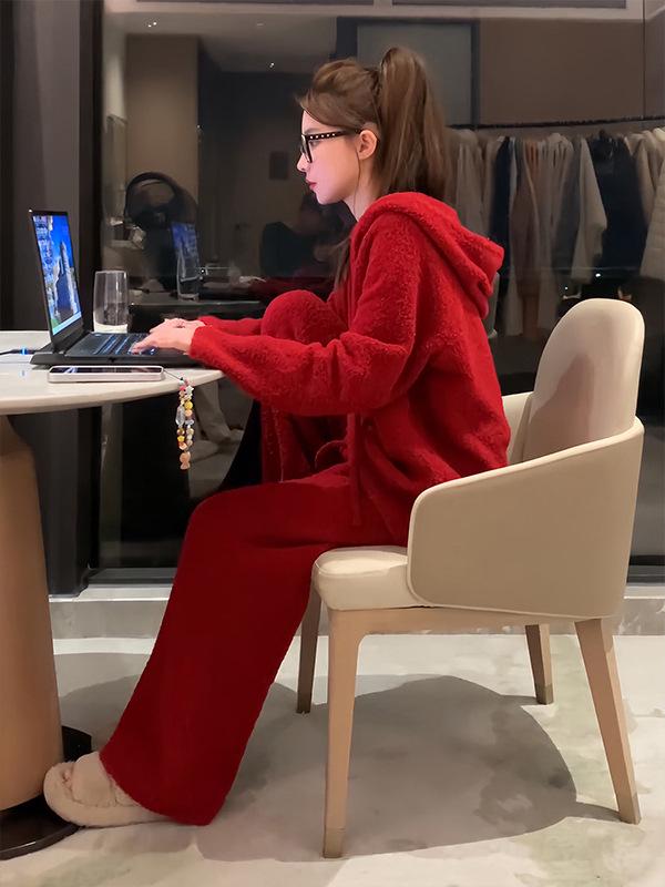 2025 Autumn/Winter Korean Style Red Hooded Sweatshirt & Wide-Leg Pants Set for Women