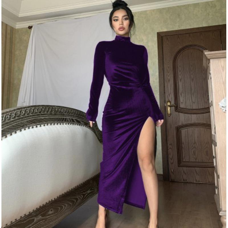 European & American Women's High Neck Velvet Long Dress, Slim Fit, Ruched Slit, Autumn/Winter 2023 Collection