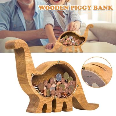 Wooden Piggy Dinosaur Kitten Piggy Bank Transparent Cartoon Animal Coin Money Solid Wood Saving Box Personalize Desktop Ornament