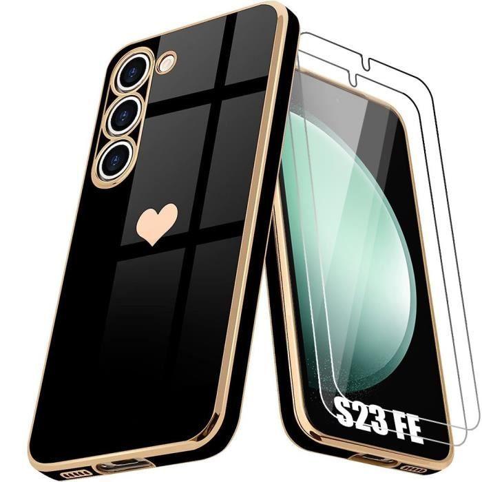 Case + 2 Tempered Glasses - Booling - for Samsung Galaxy S23 FE - Black - Shockproof - Golden Heart Pattern