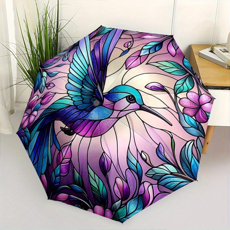 1pc Stained Glass Hummingbird Pattern Pattern Automatic 3-Fold Umbrella, 8 Iron Frames, High-Value Folding Umbrella, Suitable for Office, Travel
