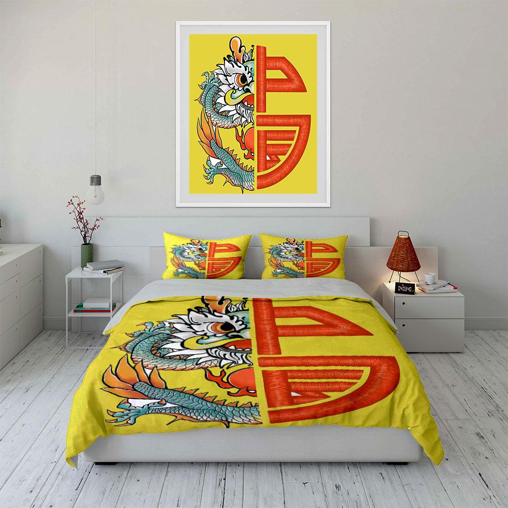 3Pcs Half Dragon Chinese Fu Character Duvet Cover Set, Yellow Base New Year Lucky Bedding Single Double King Queen, Gift
