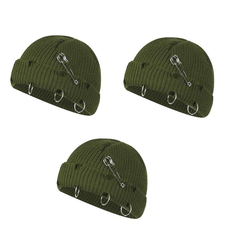 Women Girls Y2k Gothic Beanie Winter Knit Hats Trendy Metal Rings Pin Hip Hop Streetwear Harajuku Skull Cap Emo Scene Grunge