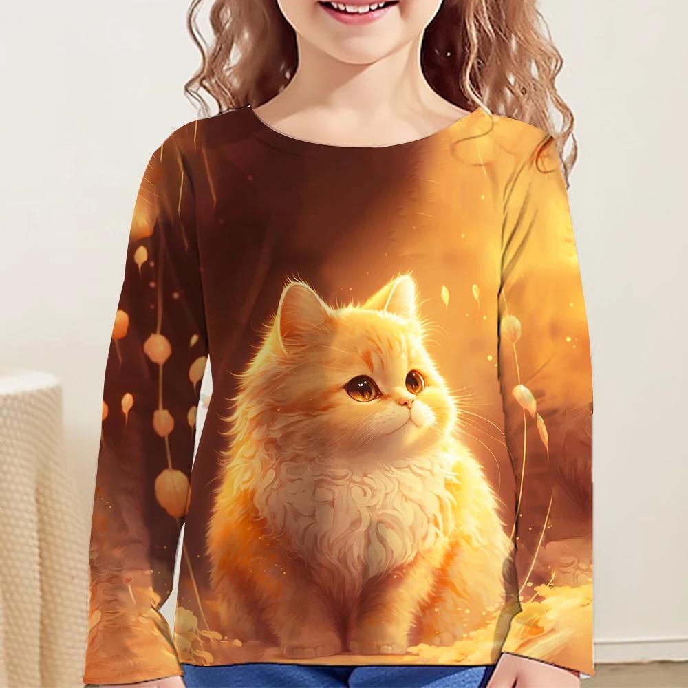 Cute Cartoon Cat Print Clothes Autumn Children Top Round Neck Long Sleeve T-Shirt Fashionable Comfortable Versatile Leisure T-shirt