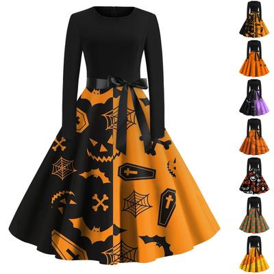 Women's Vintage Long Sleeve Halloween Print Family Party Prom Dress