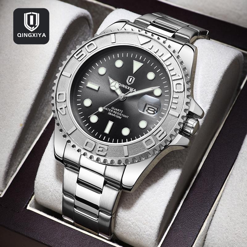 Qingxiya Men's Waterproof Quartz Sports Watch with Stainless Steel Strap and Luminous Calendar