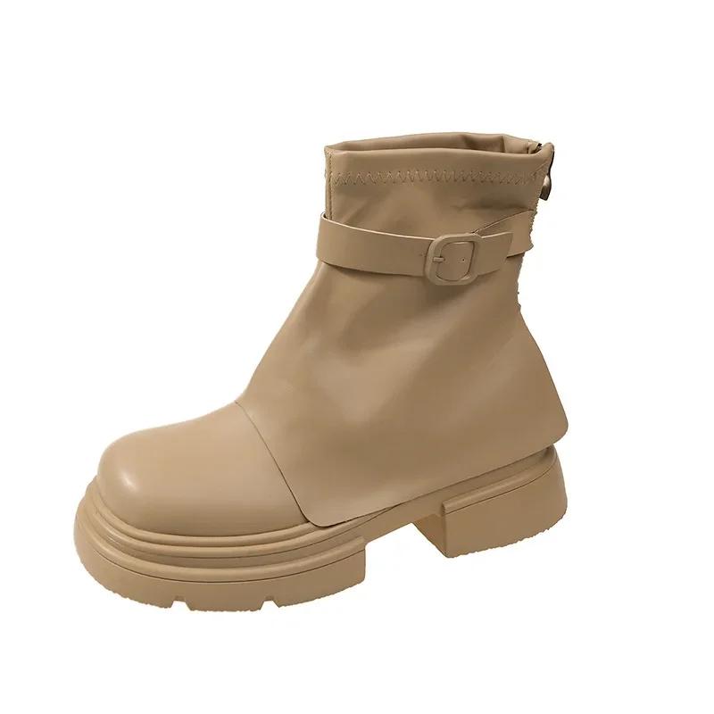 fashion Belt Buckle Punk Boots Women New  Fashion Back Zippers Ankle Boots Female Thick Sole Elevated Booties High Platform Shoes 2024