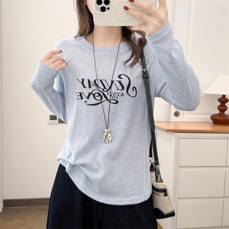 2026 Spring Plus Size Women's Long Sleeve Printed Round Neck Casual T-shirt