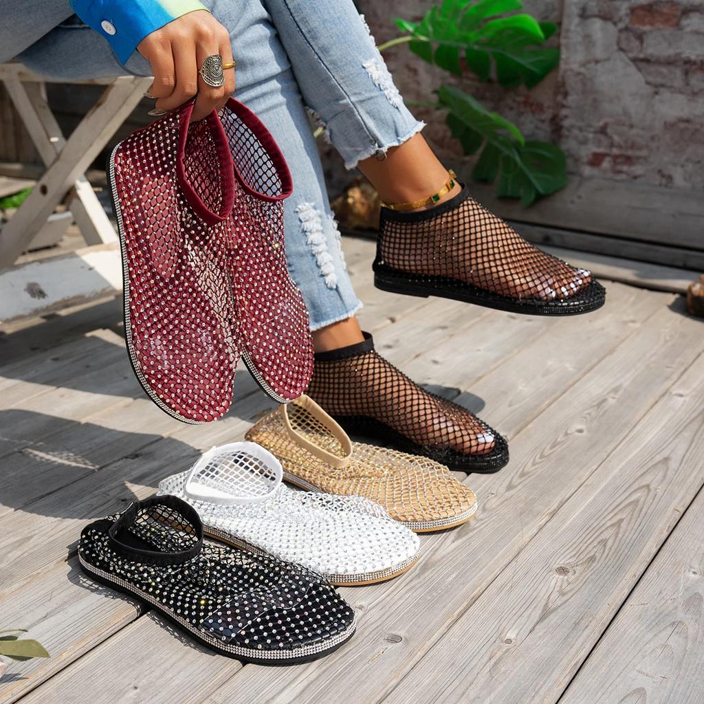 Fashion Round Toe Women Sandals Famous Diamond Studded Short Boots Hollowed Out Internet Sandals Summer Sexy Plus Size Flat Shoes Women