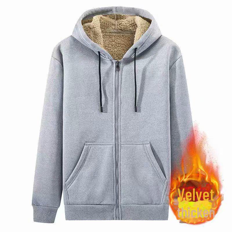 Lambskin Hooded Zipper Sweater: Men's Warm & Versatile Autumn/Winter Cardigan with Plus Velvet Thickening.