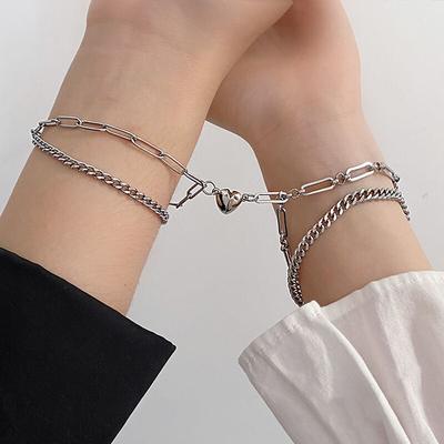 2pcs Couple Bracelet Silver Color Women Men's Hand Chain Stainless Steel Romantic Magnet Friendship Bracelets Paired Jewelry