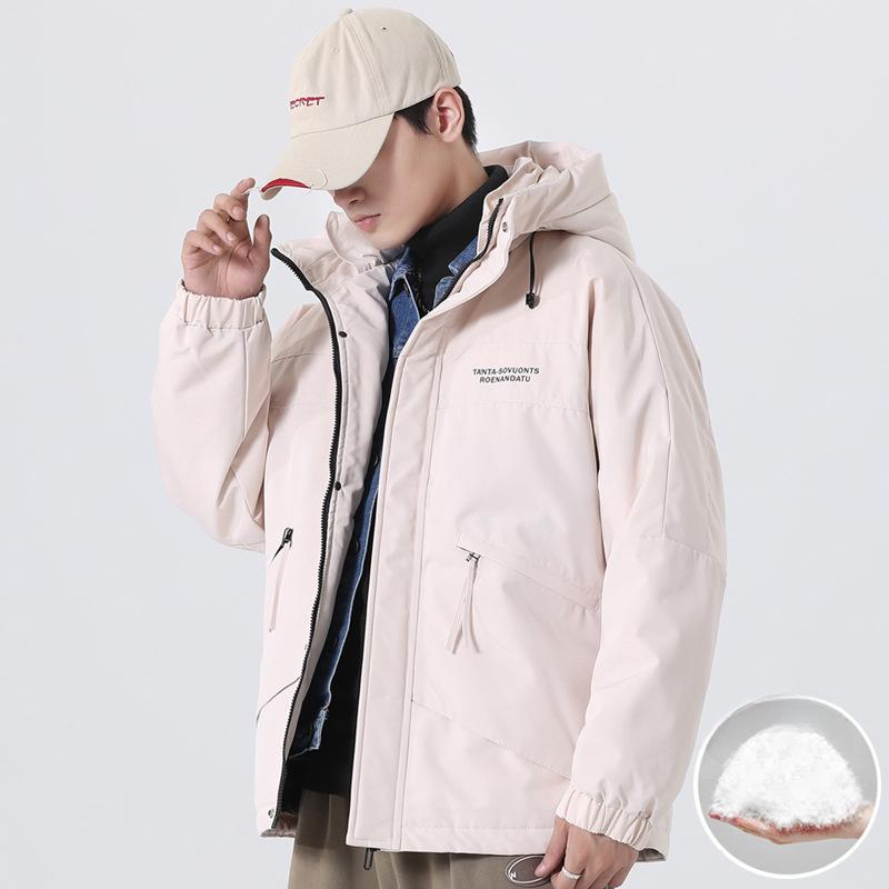 Daunenjacke mit Kapuze für Herren, trendige, lockere, kurze, leichte Arbeitsjacke, Winter, verdickte, warme, weiße Entendaunenjacke