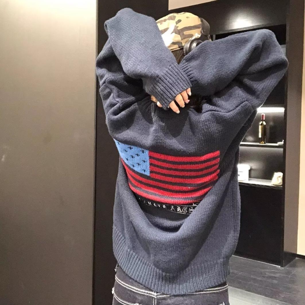 Унисекс Ретро Вязаный Свитер с Американским Флагом - Повседневный Осенний Пуловер L темно-синий